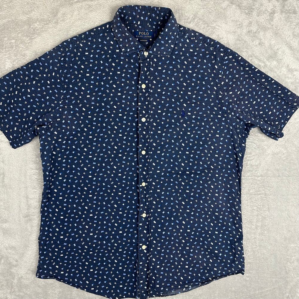 Polo Ralph Lauren Men L Navy Seersucker Short Sleeve button Up Nautical Flag AOP